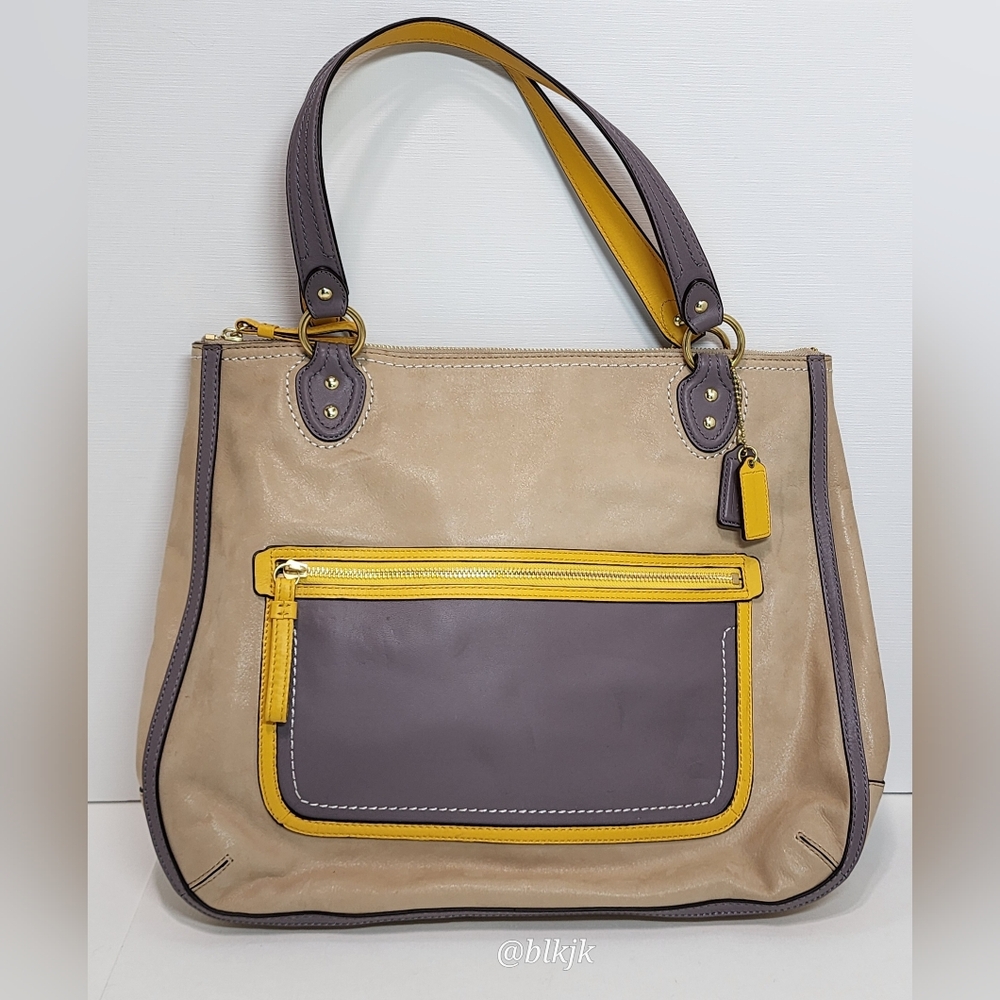 Coach Hallie Poppy Leather Tote Bag *Yellow/Purple* EUC
